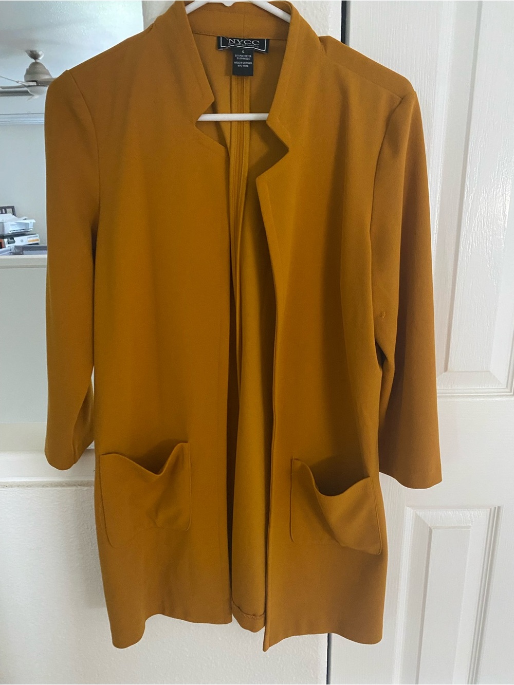 New York & Company Golden Mustard Open-Front Long Blazer